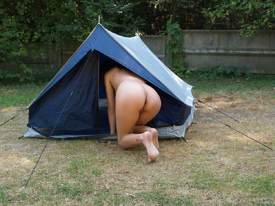 Naked nudist teenage girls and boys at camp site